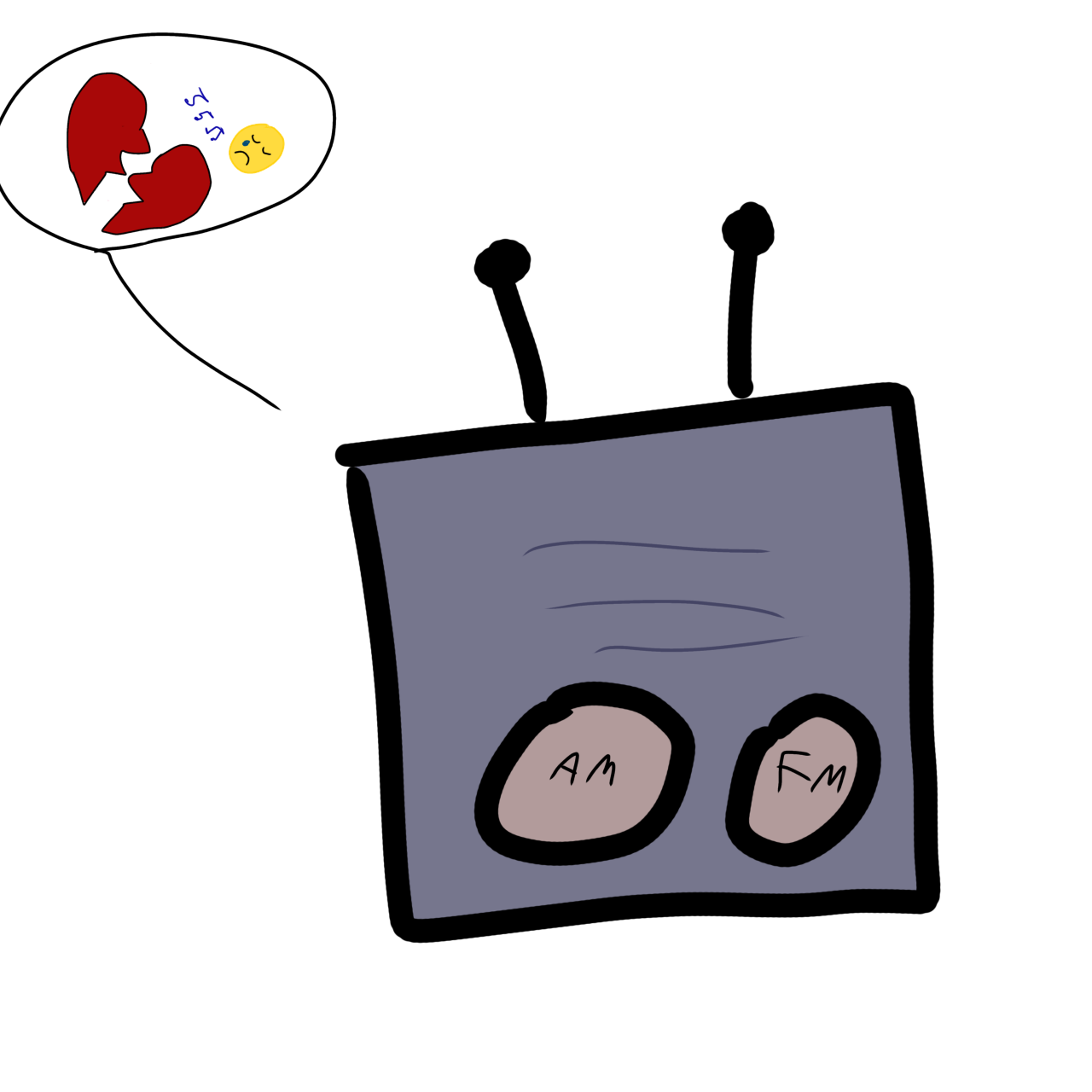 a radio with a speech bubble coming out of it. The speech bubble has music notes, a broken heart, and a crying emoji face. 